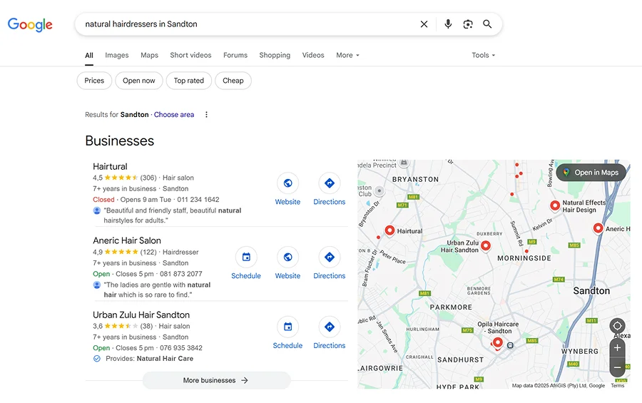 Local SEO results showing top 3 hair salons for keyword natural hairdressers in Sandton